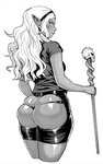 alternative_fashion big_butt bottomwear breasts butt butt_focus clothed clothing female gyaru hair holding_object humanoid_pointy_ears j-fashion looking_back not_furry pose rear_view shirt skimpy skindentation skirt solo staff standing t-shirt thong topwear underwear synecdoche plus-sized_elf kuroeda_(plus-sized_elf) dark_elf elf humanoid hi_res monochrome