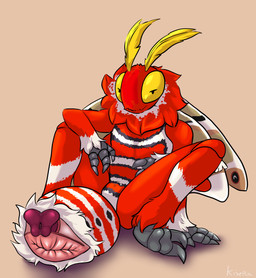 4_arms antennae_(anatomy) anthro anus arthropod_abdomen arthropod_abdomen_anus arthropod_abdomen_genitalia arthropod_abdomen_penis big_anus big_penis compound_eyes feet genitals grey_feet grey_hands insect_wings lepidopteran_wings male multi_arm multi_limb multicolored_body neck_tuft nude penis presenting presenting_anus pseudo_pupils reclining red_body striped_abdomen stripes tuft white_body wings yellow_antennae yellow_eyes kisera vega_frith arthropod cecropia_moth insect lepidopteran moth saturniid absurd_res hi_res