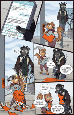 ambiguous_gender anthro barefoot biped brown_body brown_fur cellphone character_collision collision day dialogue digitigrade dropping_object dropping_paper duo electronics emoticon feet fluffy fluffy_tail fur holding_cellphone holding_object holding_phone holding_smartphone hooves kaomoji looking_at_cellphone looking_at_object looking_at_phone male message_box motion_lines onomatopoeia outside phone picking_up_papers poster poster_(object) raised_tail sidewalk smartphone sound_effects speech_bubble street tail text text_message texting unguligrade walking falco_works pen_(falco_works) cervine deer mammal rodent tufted_deer 2026 comic digital_media_(artwork) english_text hi_res