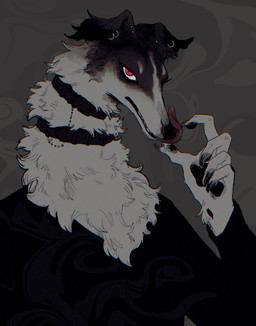 5_fingers anthro black_body black_clothing black_collar black_fur black_pawpads black_shirt black_topwear bodily_fluids button_ears claws clothed clothed_anthro clothed_male clothing collar ear_piercing ear_ring ear_stud eye_piercing eye_stud finger_claws fingerpads fingers floppy_ears fluffy fur grey_background licking looking_at_viewer male mouth_closed pawpads piercing pupils red_eyes red_tongue ring_piercing saliva saliva_on_finger self_lick shirt simple_background solo tongue topwear white_body white_fur white_sclera zumi3 borzoi canid canine canis domestic_dog hunting_dog mammal sighthound 2023 bust_portrait digital_drawing_(artwork) digital_media_(artwork) portrait