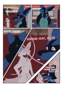 animal_genitalia anthro balls casual_nudity dialogue duo fully_sheathed genitals male outside ribbons_(anatomy) sheath surprised text karamerudraws nintendo pokemon eeveelution generation_4_pokemon generation_6_pokemon lucario pokemon_(species) sylveon absurd_res comic english_text hi_res
