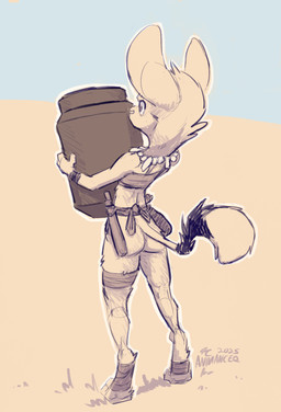 anthro bandage bandaged_leg bandeau big_ears biped blue_background bottomless bottomless_anthro bottomless_female breasts butt casual_exposure chest_wraps clothed clothed_anthro clothed_female clothing container digitigrade feet female female_anthro fingers foot_wraps fur grey_text holding_container holding_object jewelry knife mouth_closed necklace outline outside rear_view simple_background slim slim_anthro slim_female small_breasts snout solo standing tail tail_tuft tan_background text topwear tuft urn white_outline wraps wristband animancer luck_(animancer) dipodid jerboa mammal rodent 2025 artist_name dated english_description full-length_portrait hi_res portrait restricted_palette sketch