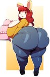 anthro big_breasts big_butt black_sclera bottomwear breasts butt butt_focus cake clothed clothing dessert ear_piercing female food footwear hair holding_cake holding_food holding_object huge_breasts huge_butt huge_hips huge_thighs looking_at_viewer looking_back open_mouth overweight pants piercing red_hair shirt shoes solo thick_thighs tight_bottomwear tight_clothing topwear wide_hips yellow_eyes trinity-fate62 regina_harrington lagomorph leporid mammal rabbit 2022 absurd_res hi_res