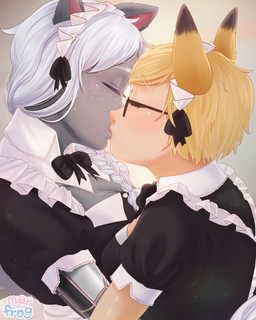 accessory blonde_hair braided_hair clothing cybernetic_arm cybernetic_limb cybernetics dress duo ears_up eyes_closed female female/female freckles grey_hair hair hair_accessory hairband keyhole_clothing keyhole_dress kissing machine maid_uniform passionate uniform merandfrog vtuber rohajin animal_humanoid canid canid_humanoid canine canine_humanoid canis cyborg fox fox_humanoid humanoid mammal mammal_humanoid wolf wolf_humanoid 4:5 absurd_res hi_res