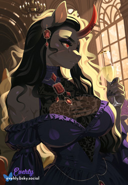 alcohol anthro anthrofied beverage big_breasts black_hair breasts champagne champagne_glass choker clothed clothing colored_nails container crossgender cup detailed_background dress drinking_glass ear_piercing ear_ring eyelashes female female_anthro fully_clothed glass glass_container glass_cup grey_body hair holding_beverage holding_object horn inside jewelry long_hair long_nails mtf_crossgender nails necklace piercing pupils red_eyes ring_piercing scar solo white_sclera window evehly friendship_is_magic hasbro my_little_pony mythology king_sombra_(mlp) equid equine mammal mythological_creature mythological_equine umbrum unicorn