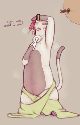 belly bodily_fluids clothing electric_fan handheld_electric_fan kneeling male raised_arm solo sweat sweatdrop undressing undressing_self miii_cho space_dandy meow_(space_dandy) betelgeusian felid feline mammal