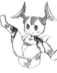 anthro arms_under_legs bottomwear clothed clothing clothing_lift female gun holding_gun holding_object holding_ranged_weapon holding_weapon panties ranged_weapon skirt skirt_lift solo spread_legs spreading underwear weapon darky ele_chan eleking alien kaiju monster absurd_res hi_res monochrome sketch