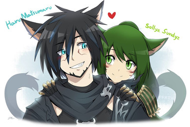 blue_eyes blush clothing duo female green_eyes looking_at_another male male/female simple_background smile text white_background sollyz final_fantasy final_fantasy_xiv square_enix animal_humanoid cat_humanoid felid felid_humanoid feline feline_humanoid humanoid mammal mammal_humanoid 2017 english_text signature
