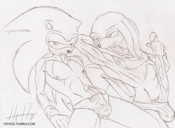 anthro balls big_penis briefs bulge clothing comparing duo erection genitals huge_penis hyper hyper_genitalia hyper_penis looking_at_viewer male nipples penis underwear vein hithog sega sonic_the_hedgehog_(series) knuckles_the_echidna sonic_the_hedgehog echidna eulipotyphlan hedgehog mammal monotreme monochrome