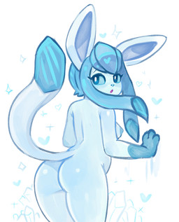 anthro areola big_butt blue_areola blue_body blue_eyes blue_fur blue_nipples blue_sclera breasts butt dipstick_tail eyelashes female fur looking_back markings nipples nude rear_view simple_background solo tail tail_markings thick_thighs white_background wide_hips 2x_(artist) nintendo pokemon eeveelution generation_4_pokemon glaceon pokemon_(species)