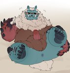 anthro anus balls black_pawpads blue_body blue_fur blush bodily_fluids brown_body brown_fur butt erection eyes_closed feet foreskin fur genitals holding_leg horn humanoid_genitalia humanoid_penis kemono male one_leg_up overweight overweight_anthro overweight_male pawpads penis raised_leg simple_background solo sweat white_body white_fur quanjiang capcom monster_hunter goss_harag 2021 absurd_res hi_res