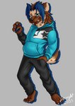 black_bottomwear black_clothing black_pants blue_clothing blue_eyes blue_hair blue_hoodie blue_topwear bottomwear brown_body brown_fur clothing fur hair hoodie looking_at_viewer male pants solo tan_body tan_fur topwear laught468 hyena mammal absurd_res hi_res