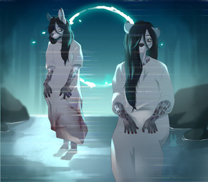 3_toes 5_fingers alternate_species anthro arm_tattoo barefoot black_claws black_hair black_nose blood_on_dress claws clothing dress feet female female_anthro fingers flat_chested forest forest_background fur furrification grey_body grey_eyes grey_fur hair hair_over_eye light long_hair looking_at_viewer mouth_closed nature nature_background outside partially_submerged plant pond rock sitting solo standing tattoo text toe_claws toes tree white_clothing white_dress janiskisa dead_by_daylight the_ring sadako_yamamura canid canine ghost hybrid mammal onryo spirit 2022 artist_name colored dated digital_drawing_(artwork) digital_media_(artwork) english_description lighting multiple_scenes shaded