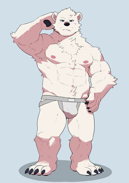 abs anthro asian_clothing asymmetrical_thong balls blush boxers_(clothing) briefs bulge clothing east_asian_clothing embarrassed flaccid foreskin fundoshi fur genitals japanese_clothing jockstrap leggings legwear male mawashi muscular muscular_anthro muscular_male nipples nude pecs penis solo speedo standing swimwear thong tights underwear white_body white_fur dotsu animated hi_res no_sound short_playtime video