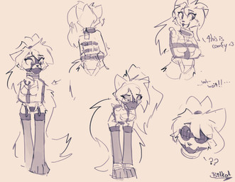 ankles_tied anthro ball_gag bdsm bell bell_collar blindfold bondage bound clothing collar female gag hair legwear long_hair muzzle_(object) muzzled padlocked_collar question_mark restraints rope rope_bondage smile solo stockings straitjacket text bitkat domestic_cat felid feline felis mammal english_text hi_res sketch_page