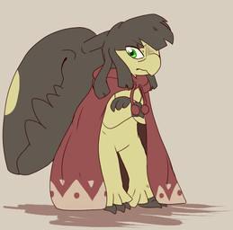 3_toes alternate_species angry bangs beak black_body black_hair brown_background cloak clothing crossed_arms feet female flesh_fang gloves_(marking) green_eyes hair hair_mouth looking_at_viewer markings shadow simple_background solo toes yellow_body 1apple-fox1 nintendo pokemon tales_of_tabira leite_isadore generation_3_pokemon humanoid mawile pokemon_(species) 2017