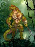 anthro body_hair bottomwear clothed clothing facial_piercing green_body green_scales hairy loincloth male markings melee_weapon muscular muscular_anthro muscular_male nipple_piercing nipples nose_piercing piercing polearm scales scar solo spear swamp tattoo tribal tribal_markings weapon yellow_eyes magolobo alex_(jrbart) alligator alligatorid crocodilian reptile scalie hi_res