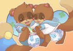 anthro blush brown_body brown_fur clean_diaper clothing diaper dinorawrz_(diaper) duo fur hoodie tongue tongue_out topwear young young_anthro tamaro abuniverse dinorawrz canid canine mammal raccoon_dog tanuki 2021 absurd_res hi_res