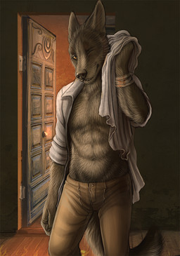 abs anthro bath bottomwear bracelet brown_body brown_fur brown_nose clothed clothing door front_view fur holding_object holding_towel inside jewelry looking_at_viewer male muscular muscular_anthro muscular_male navel one_eye_closed open_clothing open_shirt open_topwear orange_eyes pants partially_clothed pecs shirt solo tail topwear towel water wet wink rukis canid canine canis mammal wolf detailed portrait three-quarter_portrait