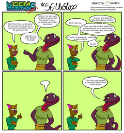 anthro box clothing cochlear_implant_processor container deaf dialogue female gesture hand_gesture hands_on_hips male middle_finger shirt simple_background topwear baristagamerproductions ada_(gem_hunters) bat mammal reptile scalie snake absurd_res comic hi_res