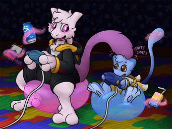 2_tails ambiguous_gender beverage_can blue_body brown_eyes candy chocolate chocolate_bar clothing controller dessert dreamcast_controller duo eye_contact feral floating_object fluffy fluffy_tail food game_controller head_tuft jacket juice_box long_tail looking_at_another motion_lines multi_tail sega_controller sitting sitting_on_bubble tail topwear tuft wire wired_controller crizbn nintendo pokemon sega sega_dreamcast itorian_(thatguywholikesfood) generation_1_pokemon legendary_pokemon mew_(pokemon) mewtwo pokemon_(species) shiny_pokemon 2026 4:3 hi_res male_(lore)
