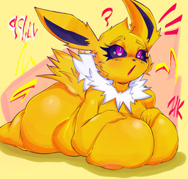 anthro big_breasts big_butt breasts butt female fur huge_breasts huge_butt lying nude on_front open_mouth pink_eyes question_mark solo tail yellow_body yellow_fur henriky_668 nintendo pokemon eeveelution generation_1_pokemon jolteon pokemon_(species) 2025 hi_res