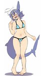 bikini clothing female fin navel open_mouth shark_tail sharp_teeth simple_background solo standing swimwear teeth text two-piece_swimsuit white_background yellow_eyes senatorwong spec_(senatorwong) animal_humanoid fish fish_humanoid humanoid marine marine_humanoid shark_humanoid 2020 english_text hi_res