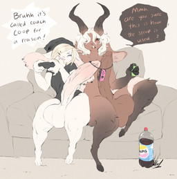 anthro balls beanie big_balls big_penis black_sclera blonde_hair bottomless bottomless_anthro bottomless_male brown_body brown_fur clothed clothing curved_horn dialogue duo ear_piercing ear_ring erection eyebrow_piercing facial_piercing fur gaming gaming_controller genitals hair hat headgear headwear hooves horn huge_balls huge_penis humanoid_genitalia humanoid_penis lip_piercing lip_ring male male/male nude one_eye_closed open_mouth open_smile penis piercing pink_body pink_skin ring_piercing shirt smile snakebite_piercing speech_bubble t-shirt text thick_thighs topwear vein veiny_penis white_body white_fur white_hair wide_hips dullvivid nel_(dullvivid) zeke_hex bovid caprine goat mammal mouse murid murine rodent english_text hi_res