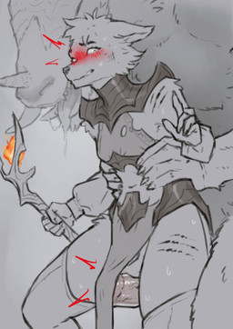 anthro armor blush bodily_fluids clothing dripping duo fantasy genitals horn legwear magic male male/male penis saliva saliva_drip scared scaroused scepter size_difference solo thigh_highs tongue tongue_out waist_grab wounded starlyve canid canine canis mammal wolf absurd_res hi_res sketch