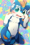 anthro black_nose blue_body blue_fur blush blushing_at_viewer chest_tuft cute_fangs fur glistening glistening_eyes green_eyes inner_ear_fluff looking_at_viewer multicolored_arms multicolored_body multicolored_thighs navel open_mouth solo text tuft wavy_mouth white_body white_fur white_inner_ear_fluff ko-gami production_taiikukan lion_(fw_rion) mammal 2020 digital_media_(artwork)