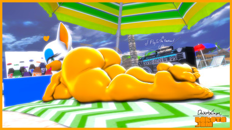 anthro beach beach_towel beach_umbrella bedroom_eyes beverage beverage_bottle big_breasts big_butt boombox border bottle breasts butt butt_jiggle container cooler feet female glistening glistening_arms glistening_body glistening_breasts glistening_butt glistening_feet glistening_legs glistening_skin glistening_thighs jiggling lips looking_at_viewer looking_back lying narrowed_eyes nude on_front palm_tree parasol plant seductive smile smiling_at_viewer soda soda_bottle solo thick_bottom_lip thick_thighs towel tree yellow_border dj_ballistic5 sega sonic_the_hedgehog_(series) rouge_the_bat bat mammal 16:9 3d_(artwork) digital_media_(artwork) hi_res widescreen