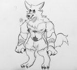 3_fingers 3_toes anthro armpit_hair biped body_hair chest_hair clothed clothing feet fingers male nipples pubes solo toes topless rayart88 league_of_legends riot_games tencent warwick_(lol) canid canine canis mammal wolf greyscale hi_res monochrome