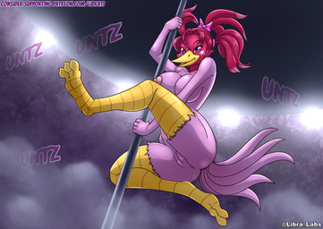 anthro anus areola beak breasts butt dancing feathers female genitals holding_pole humanoid_hands looking_at_viewer monotone_beak monotone_tail nipples non-mammal_breasts non-mammal_nipples open_beak open_mouth pole pole_dancing solo tail tail_feathers vulva libra-11 natasha_(artyharty) avian bird picid piciform woodpecker 2020 hi_res