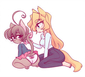 accessory ahoge anthro blush bottomwear bow_panties bow_ribbon bow_underwear bubble_butt butt clothed clothing colored_edge_panties colored_edge_underwear duo female female/female frilly frilly_clothing frilly_panties frilly_underwear hair hair_accessory hair_bow hair_ribbon hand_on_tail kneeling looking_at_another looking_back looking_back_at_another miniskirt panties ribbons skirt tail tail_under_skirt underwear wedgie white_clothing white_panties white_underwear peachpurin felid feline mammal