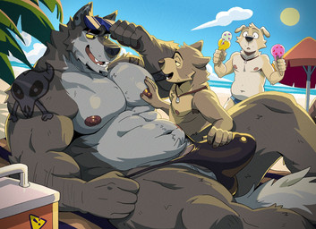 abs anthro anthro_on_anthro areola arm_hair armpit_hair balls barazoku barely_visible_balls barely_visible_genitalia beach beach_umbrella biceps big_balls big_bulge big_muscles big_penis body_hair bulge bulge_fondling caught_in_the_act clothed clothing cloud cooler day dessert dog_tags ear_piercing erection erection_under_clothing eyebrows eyewear eyewear_on_head food fur genitals group hand_on_bulge hand_on_chest hand_on_pecs heart_symbol holding_food holding_object huge_balls huge_bulge huge_muscles huge_penis humanoid_genitalia humanoid_penis ice_cream ineffective_clothing infidelity kemono looking_at_another lying male male/male mature_anthro mature_male musclegut muscular muscular_anthro muscular_male nails narrowed_eyes navel nipples notched_ear on_back open_mouth outside palm_tree parasol pec_grab pecs penis penis_base piercing plant sand scar seaside size_difference speedo sprinkles standing sticker summer sun sunglasses sunglasses_on_head surprised swimwear tattoo teeth tenting thick_arms thick_thighs tongue topless topless_anthro topless_male towel tree trio tuft water gh0stfood canid canine canis domestic_dog mammal wolf 2025 hi_res