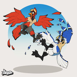 anthro armpit_hair beak beak_piercing beard body_hair chest_hair clothing duo ear_piercing facial_hair facial_piercing feathers feet flying furgonomics furry-specific_piercing highlights_(coloring) male male/male mid_transformation molting nipples open_beak open_mouth piercing shirtless simple_background surprised_expression tail tail_feathers talons toes tongue tongue_piercing torn_clothing transformation winged_arms wings sky3 avian bird blue_jay cardinal_(bird) corvid jay_(bird) new_world_jay oscine passerine 1:1 hi_res