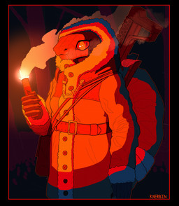 anthro bag belt belt_buckle bone buckle button_(fastener) claws clothing coat female furgonomics gun holding_object holding_torch hood jaw jewelry looking_aside necklace night outside pendant plant ranged_weapon red_lighting rope_necklace scales smoke snake_eyes solo standing steam_breath tail tail_clothing teeth text topwear torch tree weapon knerbin reptile scalie snake absurd_res artist_name hi_res