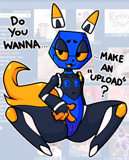 anthro areola blue_body blue_nipples breasts dialogue double_entendre eyebrows female flat_chested genitals gesture half-closed_eyes hand_gesture inviting lidded_eyes looking_at_viewer machine mascot narrowed_eyes nipples nude open_mouth orange_eyes pointing pointing_at_pussy pointing_at_self raised_inner_eyebrows simple_background smile solo spread_legs spreading suggestive suggestive_dialogue tail talking_to_viewer teasing text vulva yellow_eyes ponporio e621 esix domestic_cat felid feline felis mammal robot robot_anthro digital_media_(artwork) english_text
