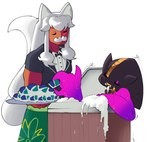 anthro bathing brown_body clothing collar duo eating facial_hair female foam fox_ears fur hair hot_tub male mustache purple_body showering simple_background suit tail white_background white_body white_fur white_hair zipper zipper_mouth dorian-bc nintendo pokemon karaken penny_(plantpenetrator) generation_6_pokemon human mammal mega_banette mega_evolution pokemon_(species) hi_res