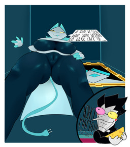 anthro breasts cheese dairy_products dialogue female food genitals hand_on_hip looking_at_viewer looking_down low-angle_view machine solo text under_boob vulva milkdeliveryguy deltarune undertale_(series) spamton_g._spamton tasque_manager darkner felid feline living_puppet mammal robot robot_anthro 2021 absurd_res digital_media_(artwork) english_text hi_res