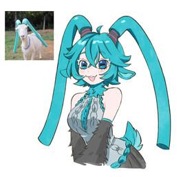 blue_eyes breasts eyebrows eyelashes female feral hair horizontal_pupils pool_noodle pool_noodle_over_horn pupils real scut_tail short_hair short_tail tail teal_hair doodlelot vocaloid yamaha_corporation hatsune_miku animal_humanoid bovid bovid_humanoid caprine caprine_humanoid goat_humanoid humanoid mammal mammal_humanoid 2026 absurd_res hi_res reference_image