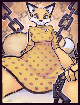 anthro blue_eyes breasts brown_body brown_fur chain clothing dress female fur holding_chain looking_at_viewer simple_background smile solo tail yellow_clothing yellow_dress savielle canid canine fox mammal 2025 absurd_res digital_media_(artwork) hi_res