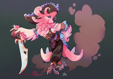 ambiguous_gender anthro eyelashes feathers flamboyant flower melee_weapon pink_body pink_feathers pirate_hat plant solo swashbuckler sword weapon nikodart avian bird parrot hi_res