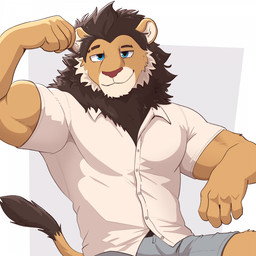 anthro barazoku biceps biped blue_eyes bottomwear brown_body brown_fur clothing collared_shirt dress_shirt feline_tail fingers fist flexing flexing_bicep front_view fur half-closed_eyes humanoid_hands looking_at_viewer male mane muscular muscular_anthro muscular_male narrowed_eyes pose shadow shirt shorts simple_background smile smirk smug solo tan_body tan_fur topwear white_clothing white_shirt white_topwear bezzeroo felid lion mammal pantherine 1:1 2025 half-length_portrait hi_res portrait shaded