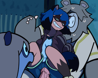 anthro bodily_fluids clothed clothed_sex clothing female genitals gesture group hand_gesture male male/female outside penis sex sweat thumbs_up trio fing3rp0p brand_new_animal studio_trigger jackie_(brand_new_animal) michiru_kagemori bear canid canine mammal raccoon_dog tanuki 2020 absurd_res hi_res