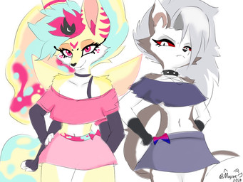 4_arms clothed clothed_female clothing collar duo female fur hair multi_arm multi_limb red_sclera simple_background tail text white_body white_fur wings yellow_body yellow_fur hellaverse helluva_boss mythology loona_(helluva_boss) queen_bee-lzebub_(helluva_boss) arthropod bee canid canid_demon canine demon fox hellhound hymenopteran insect mammal mythological_canine mythological_creature 4:3 artist_name digital_media_(artwork) hi_res