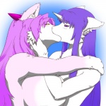 anthro big_breasts breasts duo female female/female fur hair horn hug kissing long_hair pink_hair purple_eyes purple_hair simple_background white_body white_fur yellow_eyes kurube meryu unknown_species 1:1