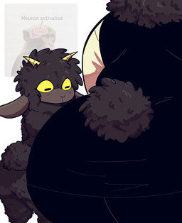 ambiguous_gender anthro big_butt black_body black_clothing black_dress black_fur black_skin butt butt_focus clothing dress duo female fur horizontal_pupils horn huge_butt looking_at_butt pseudo_clothing pupils simple_background tail topwear white_background white_clothing white_topwear yellow_sclera astonarts neuron_activation jamu_(astonarts) null_(astonarts) bovid caprine mammal sheep hi_res meme male_(lore)