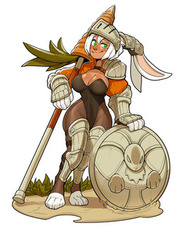 4_toes 5_fingers arm_support armor big_breasts breasts cleavage clothed clothing dark_body dark_skin feet female fingers fur green_eyes hair headgear helmet knee_pads knight leotard melee_weapon pauldron polearm shield short_hair simple_background smile smirk solo spear standing toeless_legwear toes vambrace warrior weapon whiskers white_background white_body white_fur white_hair wide_hips ceehaz barbara_(ceehaz) animal_humanoid humanoid lagomorph lagomorph_humanoid leporid_humanoid mammal mammal_humanoid rabbit_humanoid 2019 absurd_res hi_res