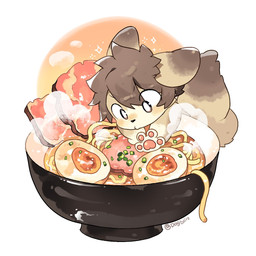anthro brown_body brown_eyes brown_hair chibi clothed clothing countershading food hair hand_pawpads kemono male micro solo topless topless_male dogblin canid canine fox mammal 1:1 2025 chinese_description hi_res